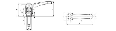 Dźwignia nastawna EUROMODEL z trzpieniem gwintowanym i przyciskiem R-65mm M8 x 50mm