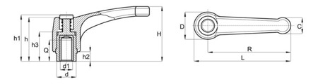 Dźwignia nastawna EUROMODEL z tuleją gwintowaną i przyciskiem R-43mm M5, INOX