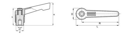 Dźwignia nastawna ze stopu cynku z otworem gwintowanym R-42mm M5, slim design, RAL9005 matowy (czarny głęboki), INOX