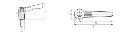 Dźwignia nastawna ze stopu cynku z trzpieniem gwintowanym R-42mm M6 x 15mm, slim design, INOX