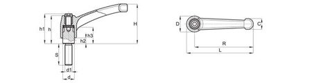 Dźwignia nastawna ze stopu cynku z trzpieniem gwintowanym R-43mm M5 x 30mm, RAL9005 błyszczący (czarny głęboki)