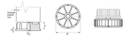 End cap with an embedded threaded bushing for round profiles D-50mm d1-M10 1.5mm-2.0mm