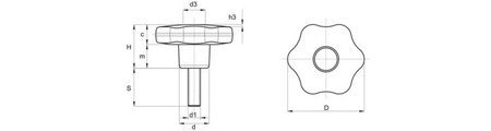 Pokrętło gwiazdowe z trzpieniem gwintowanym D-30mm M6 x 20mm