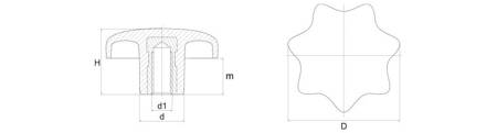 Pokrętło gwiazdowe z tuleją gwintowaną D-25mm, H-16mm, M5, DIN6336