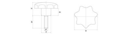 Pokrętło gwiazdowe z tuleją gwintowaną D-25mm, H-16mm, M5, DIN6336