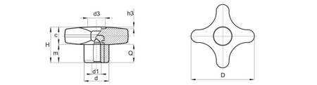 Pokrętło gwiazdowe z tuleją gwintowaną D-25mm, H-16mm, M5, DIN6336