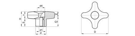 Pokrętło gwiazdowe z tuleją gwintowaną D-25mm, H-16mm, M5, DIN6336