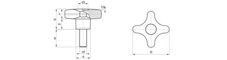 Pokrętło krzyżowe z trzpieniem gwintowanym D-50mm M8 x 40mm, INOX