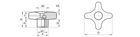 Pokrętło krzyżowe z tuleją gwintowaną D-32mm M5