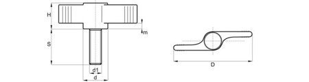 Pokrętło motylkowe z wmontowaną śrubą D-38mm M5 x 33mm