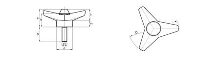 Pokrętło trójramienne z trzpieniem gwintowanym D-125mm M12 x 30mm; gwint wklejany