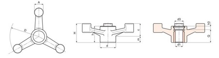 Pokrętło trójramienne z tuleją gładką D-137mm d1H7-12mm