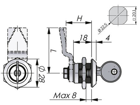 Quarter-turn lock, different keys, tongue rotation 180°, 14/45