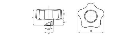 Star knob with threaded bushing D-28mm M5 covered with soft TPE