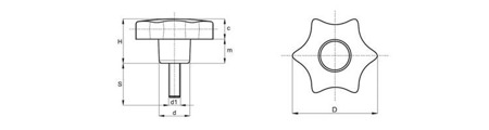 Star knob with threaded pin D-30mm M6 x 20mm