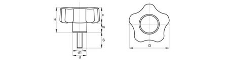 Star knob with threaded pin D-40mm M6 x 15mm coated with soft TPE