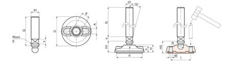 Swivel foot with mounting holes, key slot, and anti-slip pad, R15 D-130mm M20