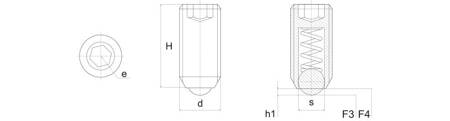 Zatrzask gwintowany z kulką o dużej sile docisku i gniazdem sześciokątnym H-15mm SW-3 d1-M6, INOX