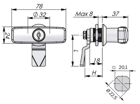 Čtvrtotáčkový zámek s T rukojetí bez zámku, chromovaný 10/45