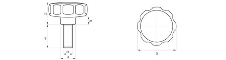 Pokrętło gwiazdowe z wmontowaną śrubą D-30mm M6 x 23mm