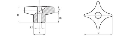 Křížový otočný knoflík z hliníku podobný DIN 6335 s průchozí závitovou vložkou D-50mm, H-32mm