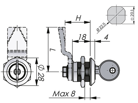 Quarter-turn lock, different keys, tongue rotation 90°, 12/45