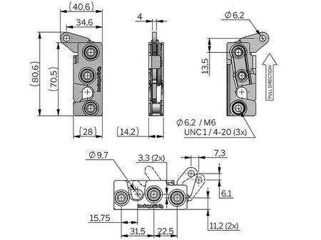 Rotary latch with parallel lever, single-stage, silent, M6, left, no catch