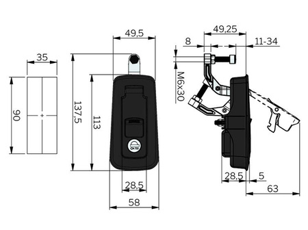 Kompresní tlakový zámek s nastavitelným úchytem 11-34 mm, PA6GF30, různé klíče.