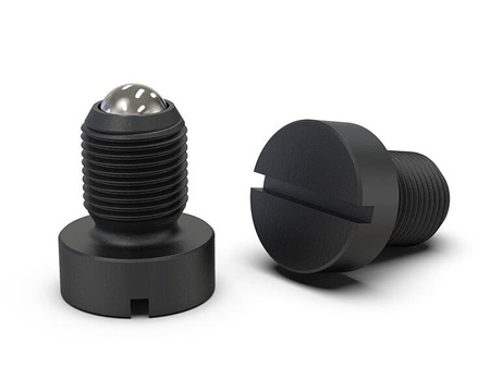 Gewindesicherung mit Kugel und Flansch, aus Stahl gefertigt, mit Schlitz für Schraubendreher H-8mm, d1-M5.