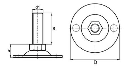 Nastavitelná kovová patka D-60mm M10 x 100mm s montážními otvory