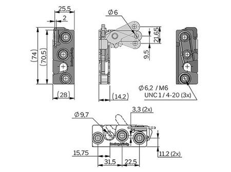 Rotary latch with perpendicular lever, anti-vibration bushing, two-stage latch, UNC 1/4-20 mounting hole, right version, no catch