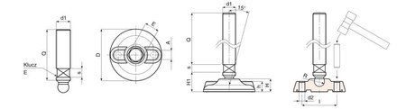 Stopka wahliwa z otworami montażowymi i frezem na klucz, R24 D-105mm M24