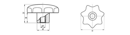 Star knob with through threaded bushing D-32mm, H-20mm, M6, DIN6336