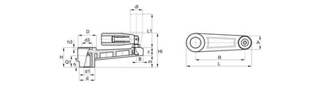 Klika s otočnou skládací rukojetí a hladkou pouzdrem R-140mm d1H7-12mm