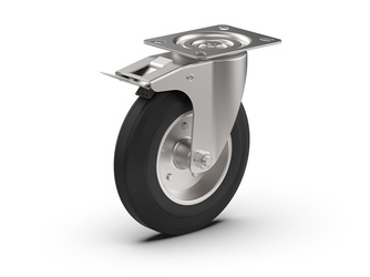 Swivel caster set with brake, mounting plate, roller bearing, rubber wheel D-100mm a-25mm