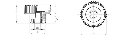 Otočný knoflík s průchozí závitovou pouzdrem D-40mm M12