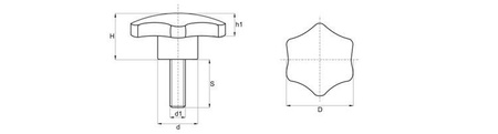 Hvězdicové kolečko z duroplastu s závitovým hřídelem D-40mm M8 x 55mm, DIN 6336