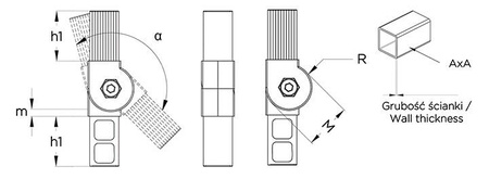 Articulated connector for square profiles A-30mm 2mm 0-190°, with M8 hole, PAGF30