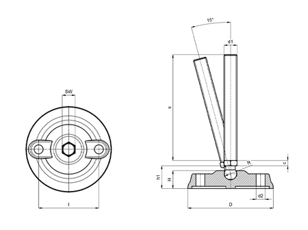 Adjustable foot with mounting holes D-80mm M10 x 100mm