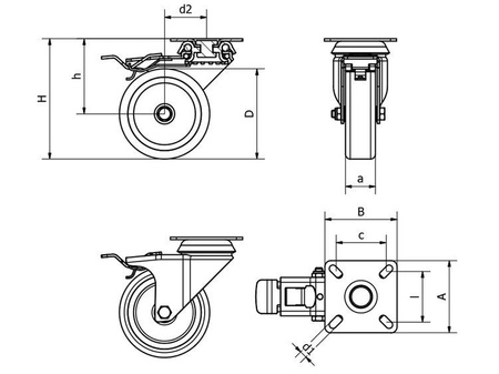 Zestaw kołowy, skrętny z hamulcem, płytka mocująca, łożysko ślizgowe, koło TPA D-100mm a-27mm