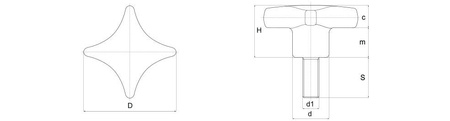 Cross knob made of duroplast, according to DIN 6335, with a threaded pin D-25mm M5