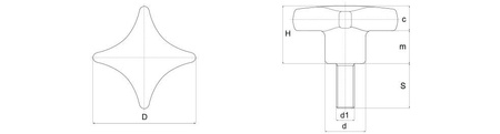 Kreuzgriff aus Duroplast, nach DIN 6335, mit Gewindestift D-25mm M6