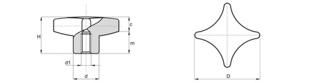 Křížová rukojeť z hliníku podobná DIN 6335 s neprocházející závitovou vložkou D-80mm, H-50mm