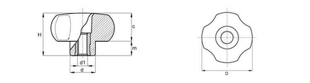 Star knob with through-threaded bushing D-30mm M10