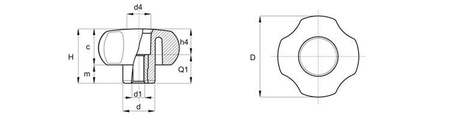 Hvězdicový knoflík s průchozí závitovou pouzdrem D-21mm M4