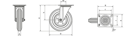 Swivel wheel set, mounting plate, roller bearing, rubber wheel D-125mm a-25mm