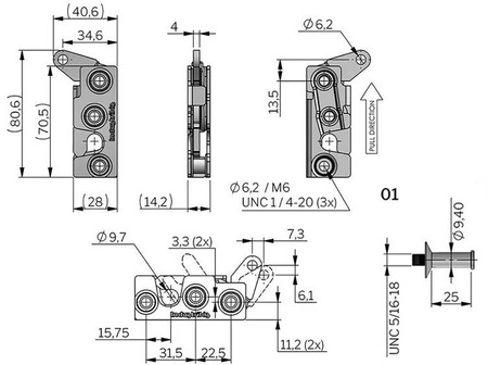 Zatrzask obrotowy z dźwignią równoległą, jednostopniowy, cichy, M6, prawy, trzpień UNC 5/16-18