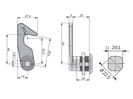 Quarter-turn shaped lock with a hook tongue, 8mm square socket, right