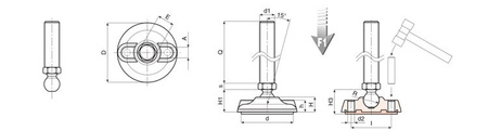 Adjustable foot with mounting holes D-105mm M16 x 130mm R-15mm, non-slip