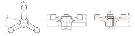 Three-arm knob with smooth bushing D-137mm d1H7-12mm